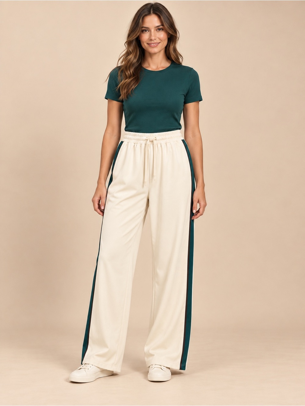 Cream Wide-Leg Track Pants with Green Side Panel